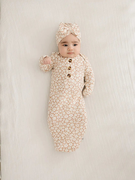 Knotted Baby Gown + Turbie - Mocha Ditsy Floral