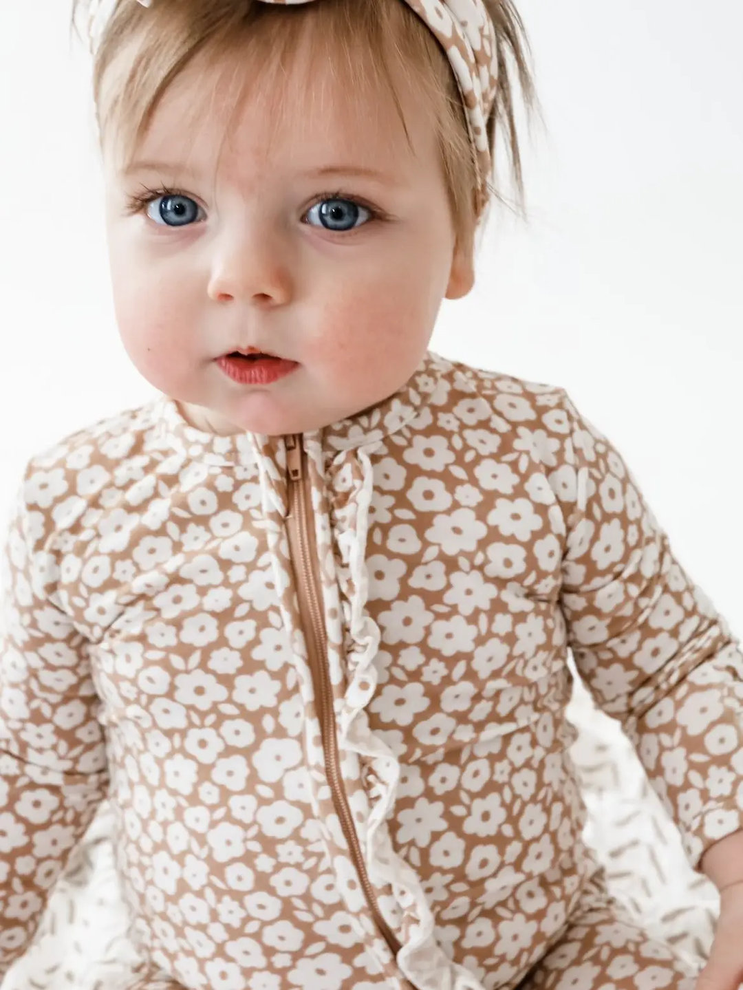 mocha ditsy floral zipper romper on little girls