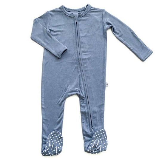 dusty blue zipper bamboo onesie