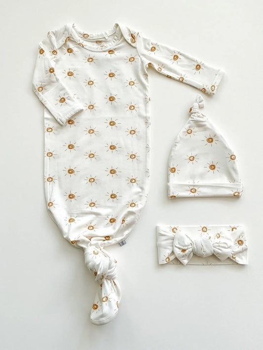 Knotted Baby Gown + Hat - Brown Suns