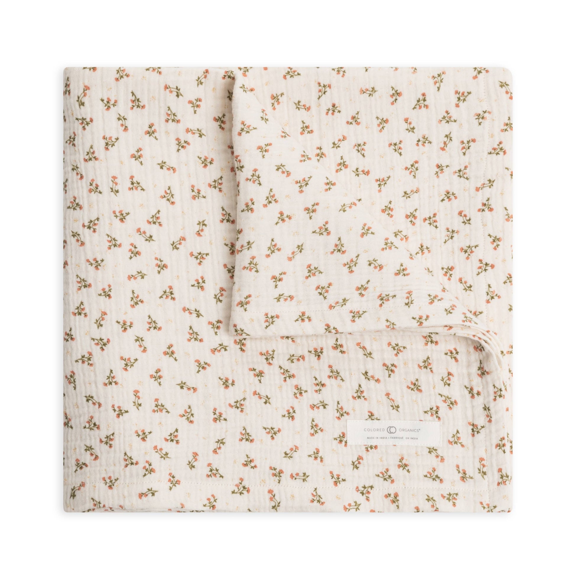 Organic Muslin Swaddle Blanket - Wildflowers / Salmon + Herb 